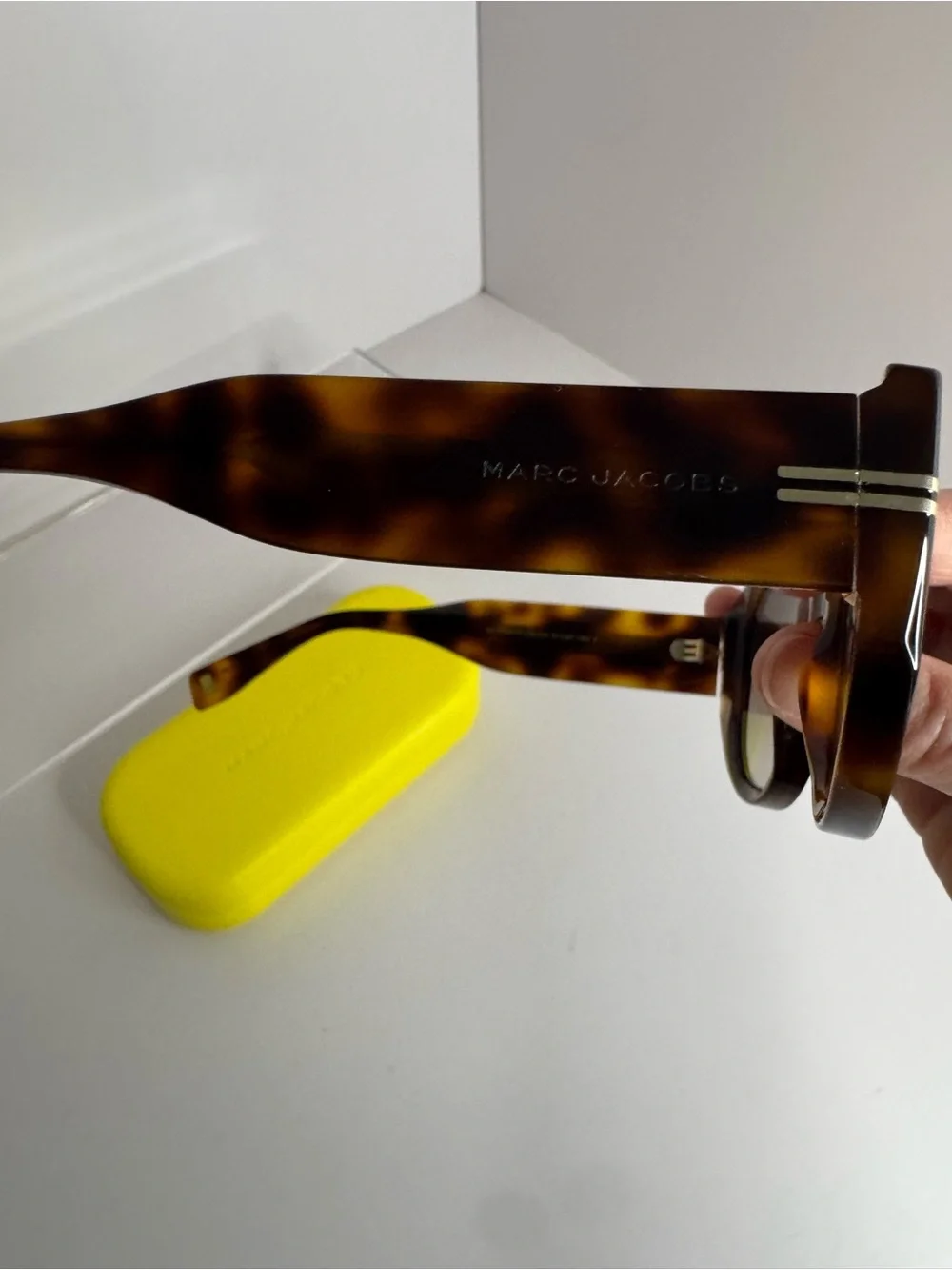 Marc Jacobs Tortoiseshell Brown Oval Sunglasses with Yellow-Trim Case